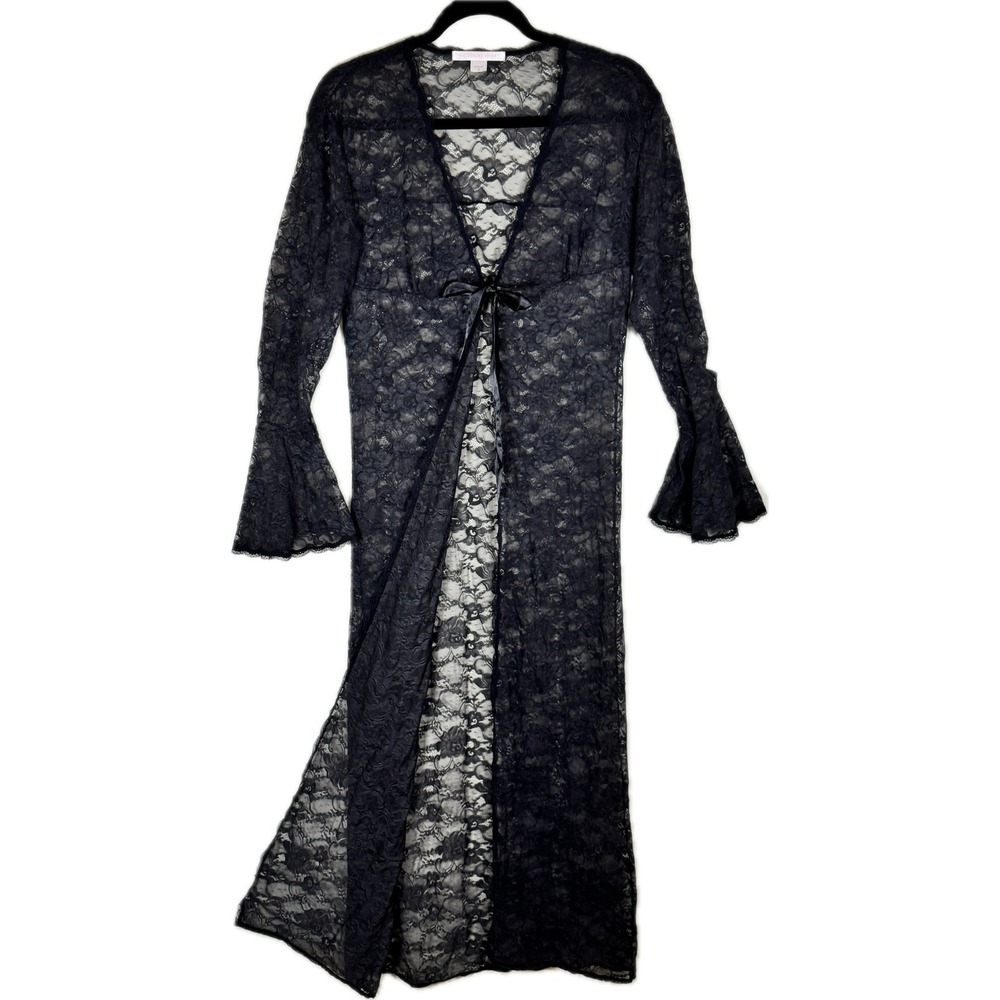 Victoria's Secret Lace Robe Women Small Black Bell Sleeve Sheer Maxi Duster